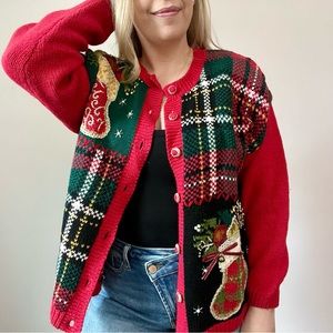 Vintage Chunky Knit Mixed Media Christmas Cardigan Sweater